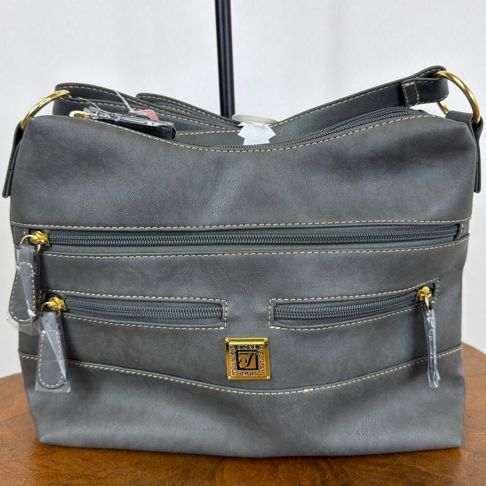 NWT Stone Mountain Irene Gray Bonded Leather Multi Pocket Hobo Bag Handbag Purse
